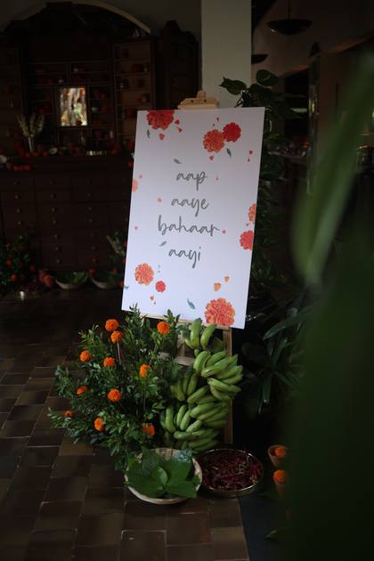 Signage and Floral detail — Welcome Lunch decor — Alila Diwa Goa